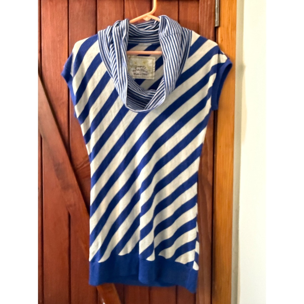 Poof For the Planet Womens Blue White Diagonal Stripe Cowl Neck Tunic Top Large